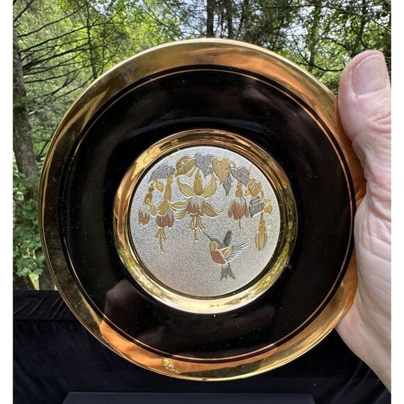 VTG Art Of Chokin 24KT Gold Dynasty Gallery Black Plate Hummingbird Japan -A80 - Picture 1 of 9